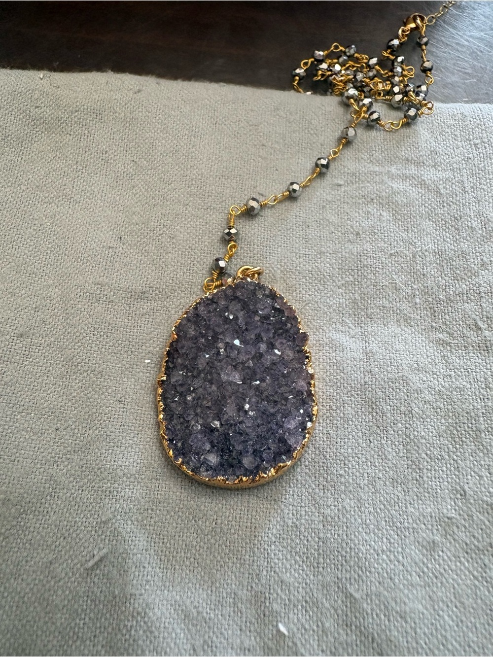 Gold Bead Chain Necklace with Purple Druzy Pendant